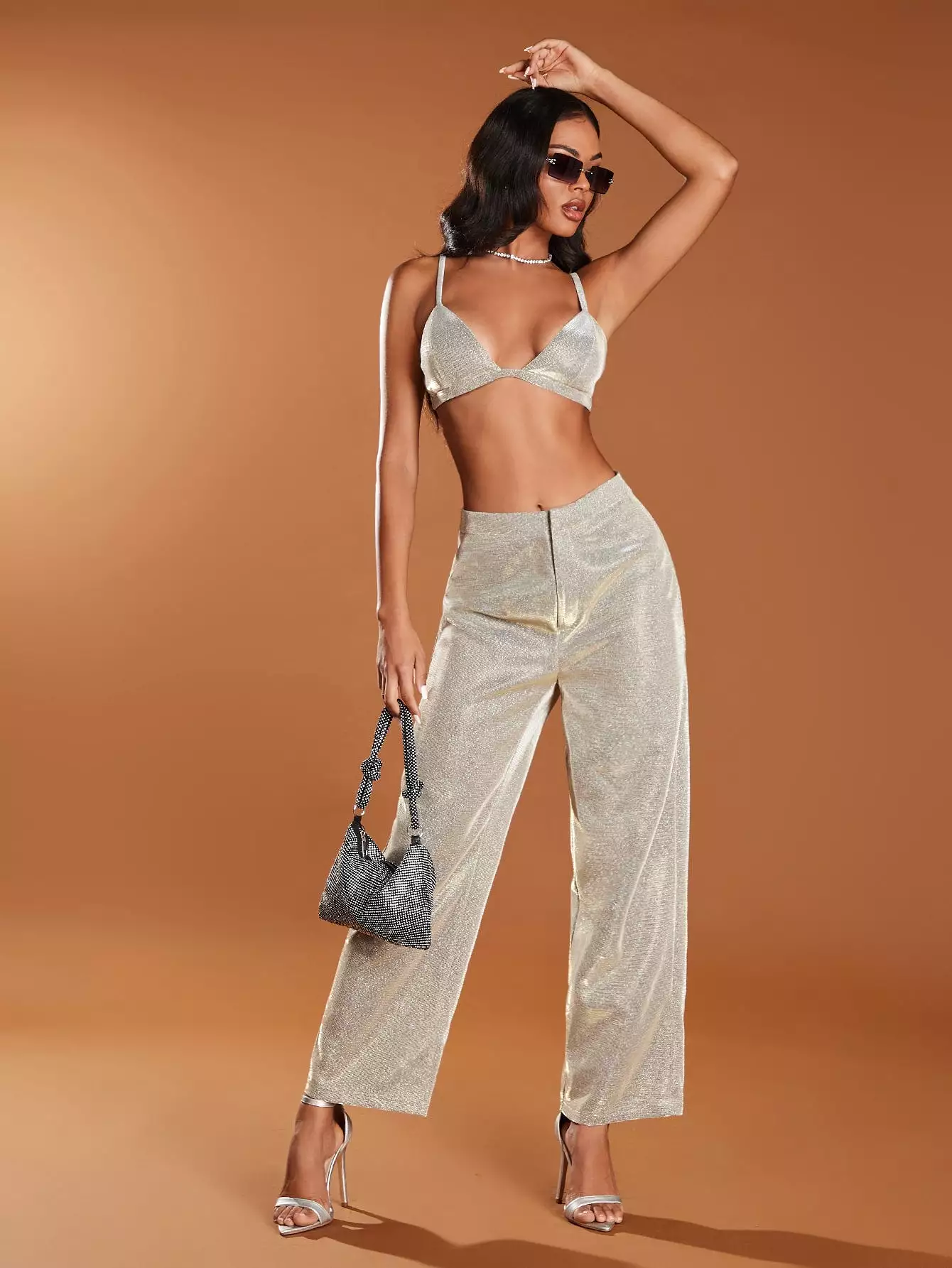 Zip Back Glitter Crop Cami Top Pants