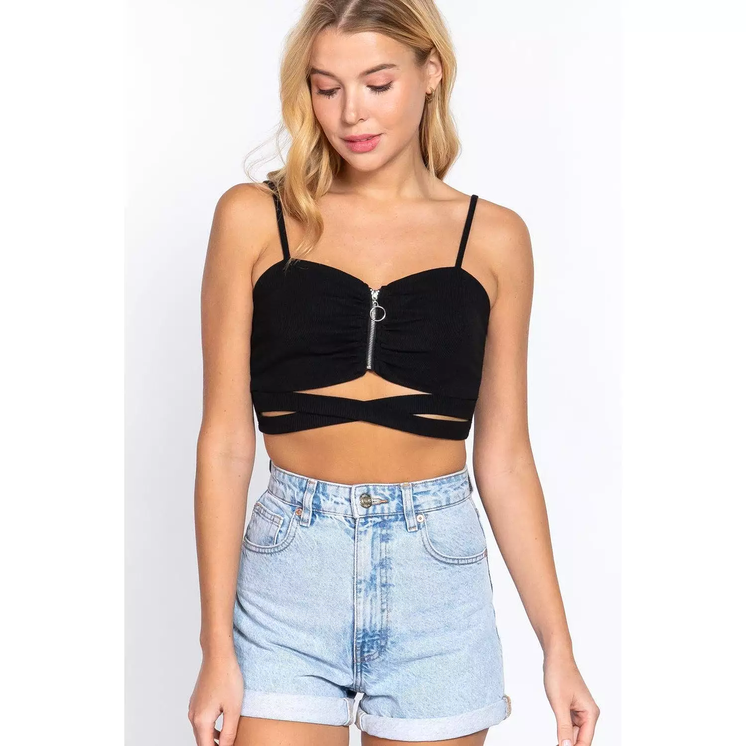 Zippered Cross Rib Knit Crop Cami